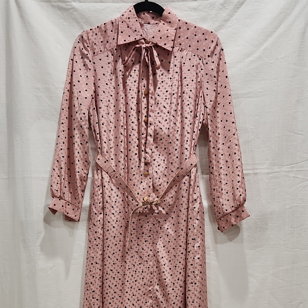 Vintage Pink Polka Dot& Heart Long Sleeve Women's Midi Dress